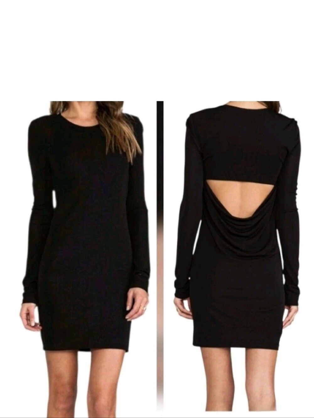 T by Alexander Wang black matte jersey long sleeve back cowl mini dress